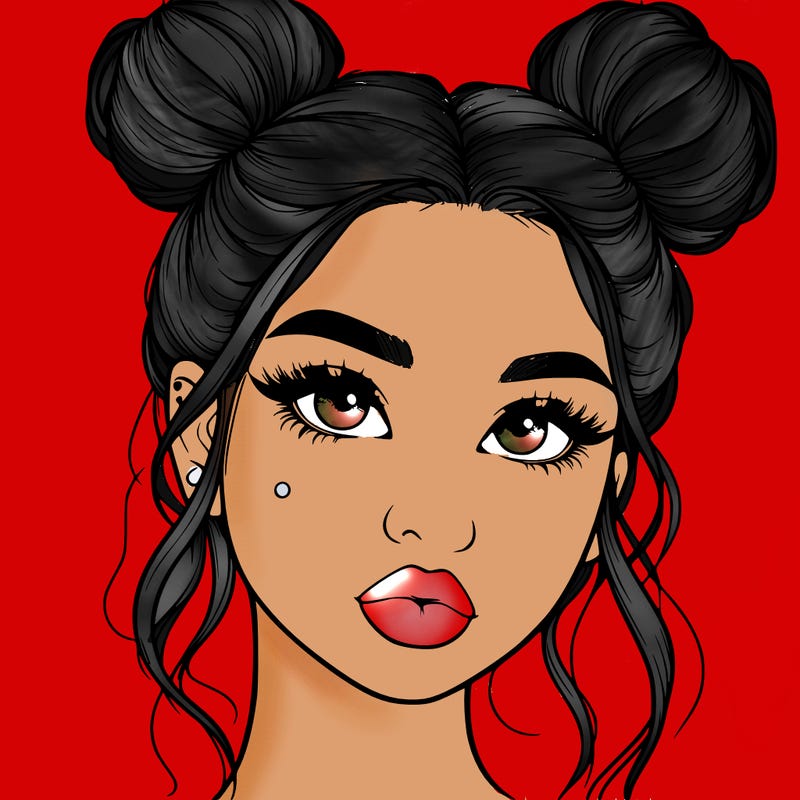 realistic girl with two buns on her hair and lips