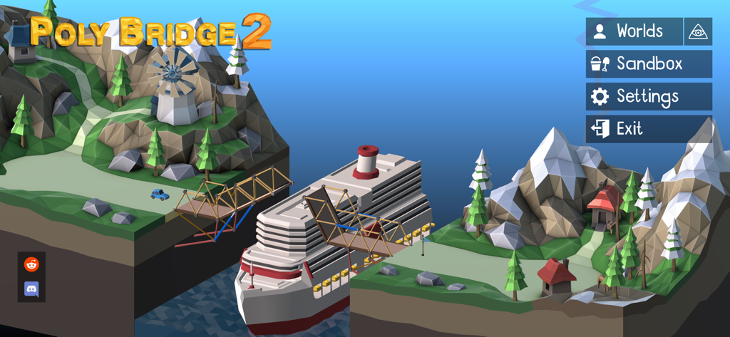 Menu principale di Poly Bridge 2 che mostra un ponte levatoio low-poly che si apre per una grande nave da crociera