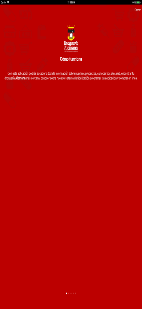 Droguería Alemana - Introductory screen of the Drogueria Alemana app explaining health services and online shopping in Spanish