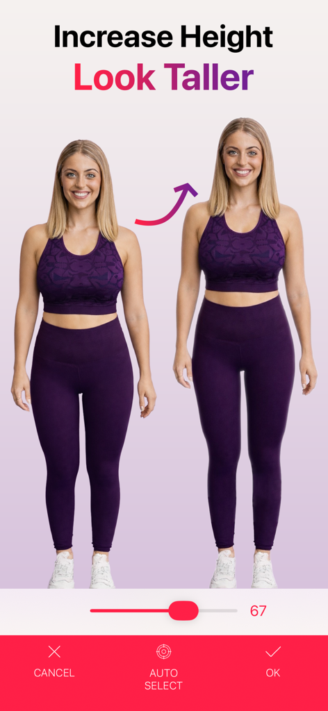 Body Sculpt: AI Body Editor - Comparación antes y después de una mujer usando la función de aumento de altura en la aplicación Body Sculpt AI Body Editor.