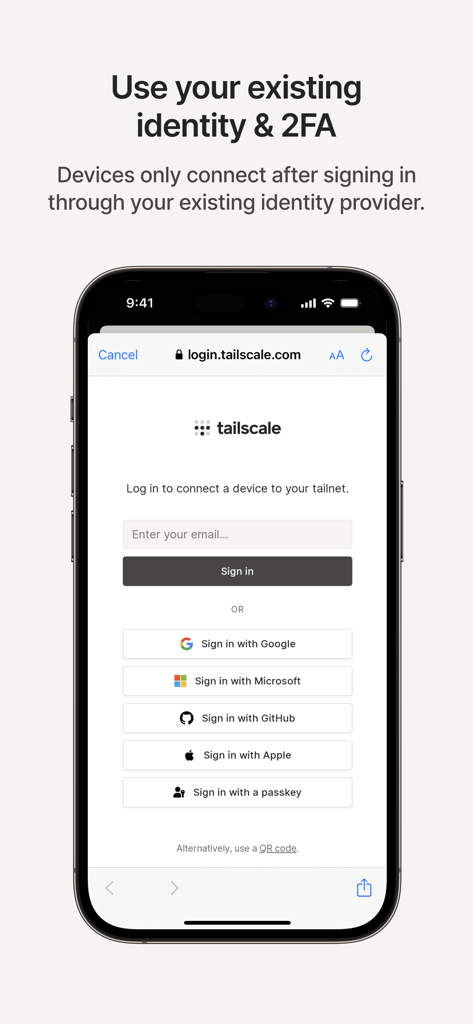 Tailscale - Tailscaleモバイルアプリのログイン画面。Google、Microsoft、GitHub、Apple、パスキーでのサインインオプションが表示されます。