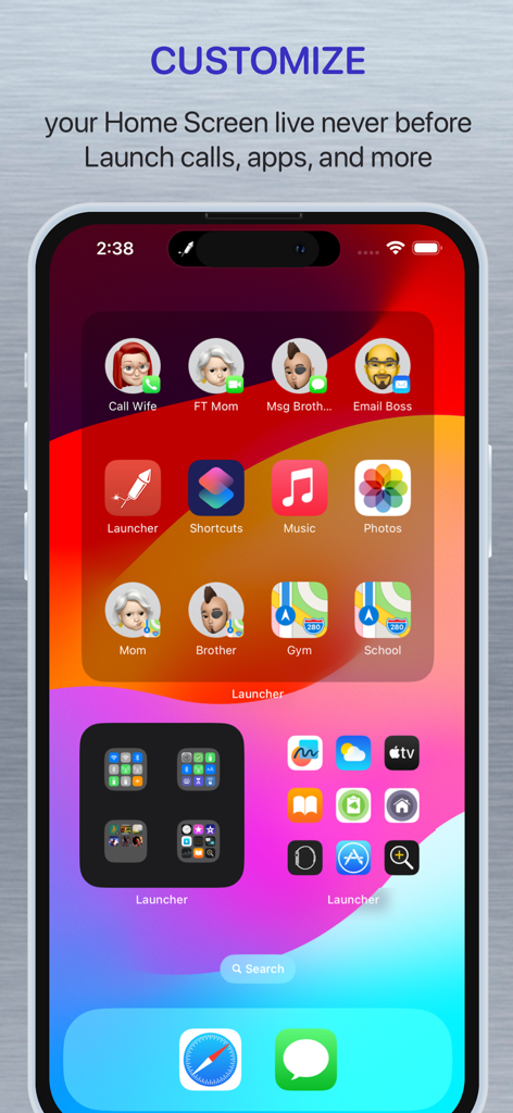 Launcher with Multiple Widgets - Customized iPhone home screen showing various widgets for contacts apps and directions using Launcher with Multiple Widgets