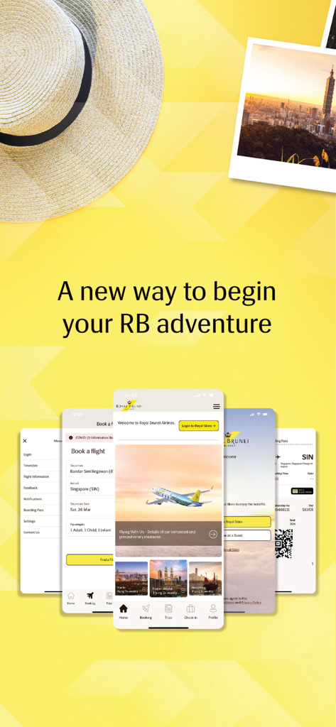 로열 브루나이 항공 항공편 예약 및 관리 앱 인터페이스를 보여주는 스마트폰 화면