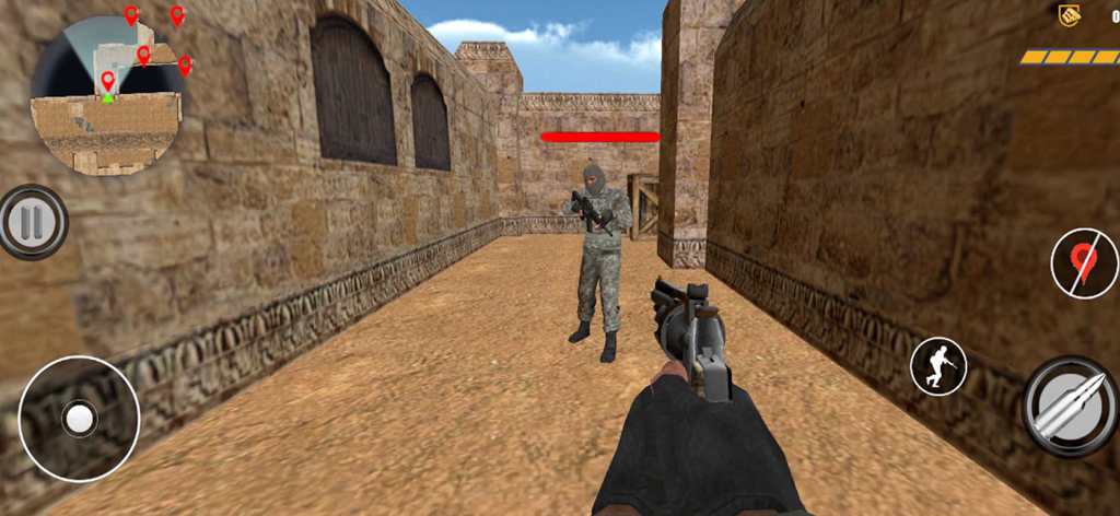 Fps commando Shooting Warzone - First person shooter gameplay showing a tactical encounter in a desert environment.