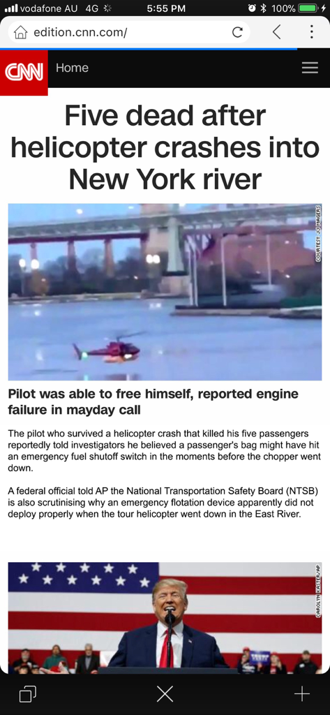 Screenshot of the Inclr app integrated browser displaying a CNN news article about a helicopter crash.