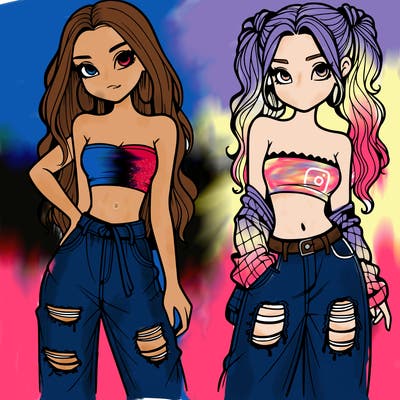 2 girls in crop tops and baggy jeans ripped