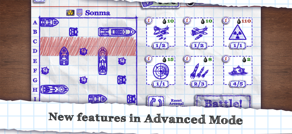 Sea Battle Online - Jogabilidade da Batalha Naval Online mostrando recursos avançados e gráficos de rabiscos em papel quadriculado.