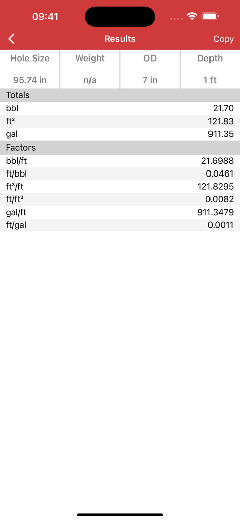 Halliburton eRedBook® Mobile - Drilling calculation results screen on Halliburton eRedBook Mobile app showing volume totals and conversion factors.