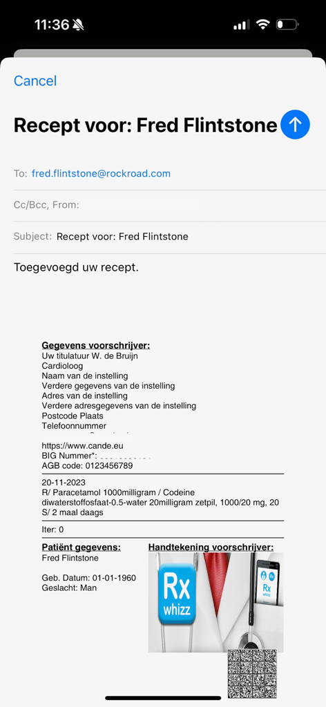 Rx whizz - A digital prescription for a patient ready to be sent via email from the Rx Whizz app