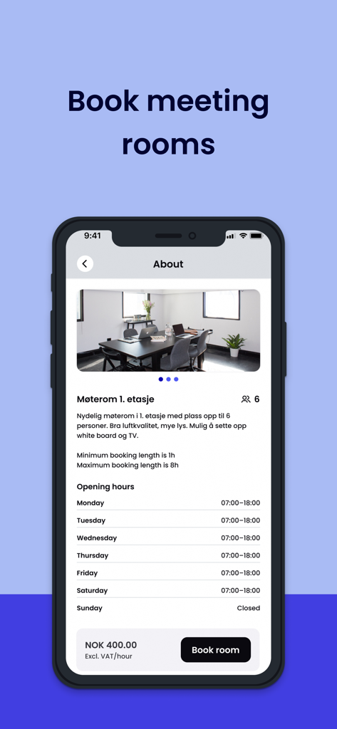 Izyアプリからのモバイル画面。会議室の予約詳細（写真、収容人数、時間料金を含む）を表示。