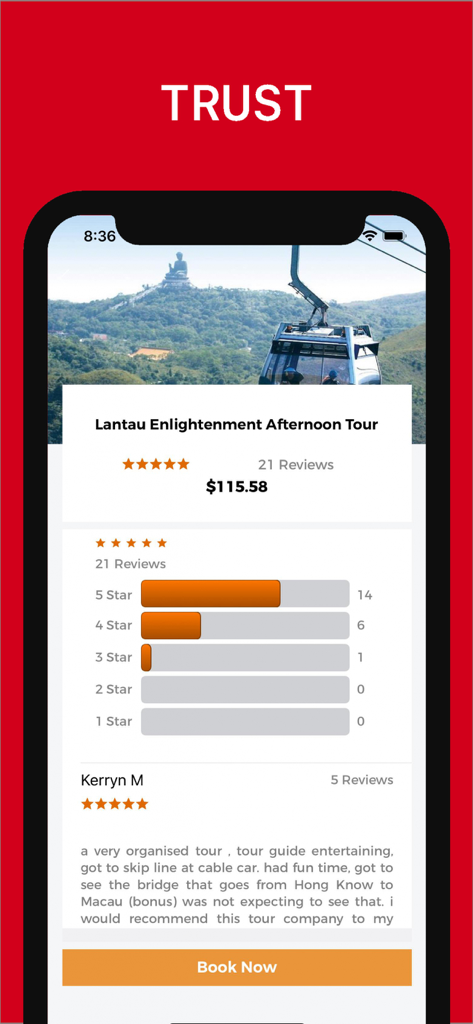 Hong Kong Travel Guide .. - 고객 평점 및 리뷰가 포함된 란타우 섬 투어 예약 페이지를 보여주는 홍콩 여행 앱 인터페이스