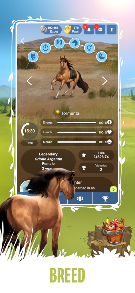 Howrse - Interface of the Howrse app displaying horse breeding and statistics