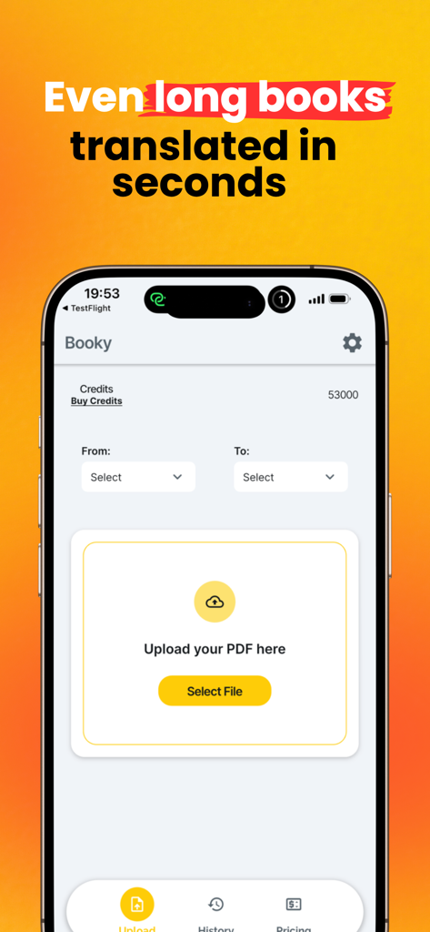 eBook Translator Booky - Interfaz de la aplicación móvil eBook Translator Booky mostrando la pantalla de carga de PDF y la selección del idioma de traducción.