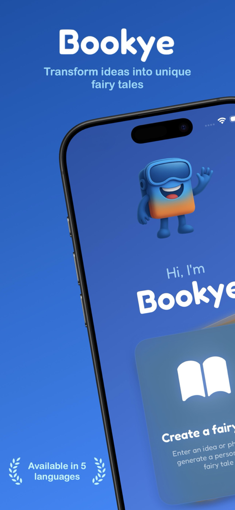 Bookye - Pantalla de inicio de la aplicación Bookye que presenta una mascota amigable y la opción de crear cuentos de hadas personalizados.