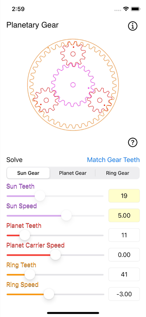 Planetary Gear Calculator - Eine mobile App-Oberfläche mit einem Planetengetriebe-Diagramm mit einstellbaren Schiebereglern für Sonnen-, Planeten- und Hohlradzähne und -geschwindigkeiten.