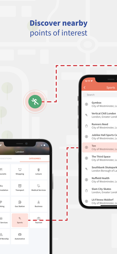 Sat Nav Maps, GPS & Traffic - Interfaz de una aplicación móvil que muestra varias categorías y listas para descubrir puntos de interés cercanos como gimnasios deportivos y lugares turísticos