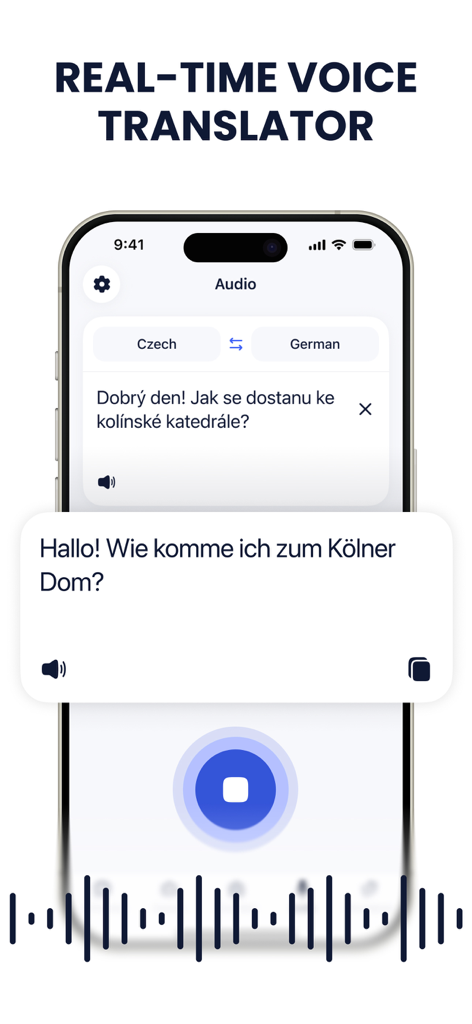 AI Translator - Just Translate - AI Translator app interface on iPhone showing real-time voice translation from Czech to German