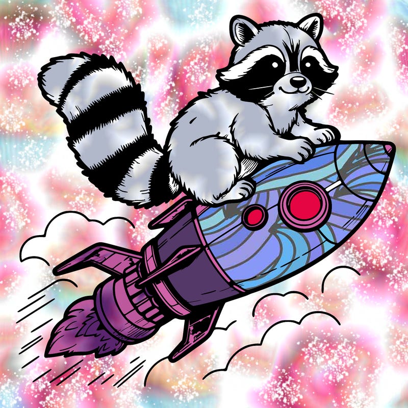 realistic raccoon flying on top rocket ship