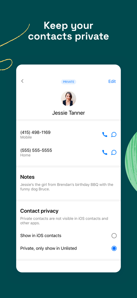 Interface of the Unlisted app showing a private contact profile and the option to hide contacts from the iPhone main list.