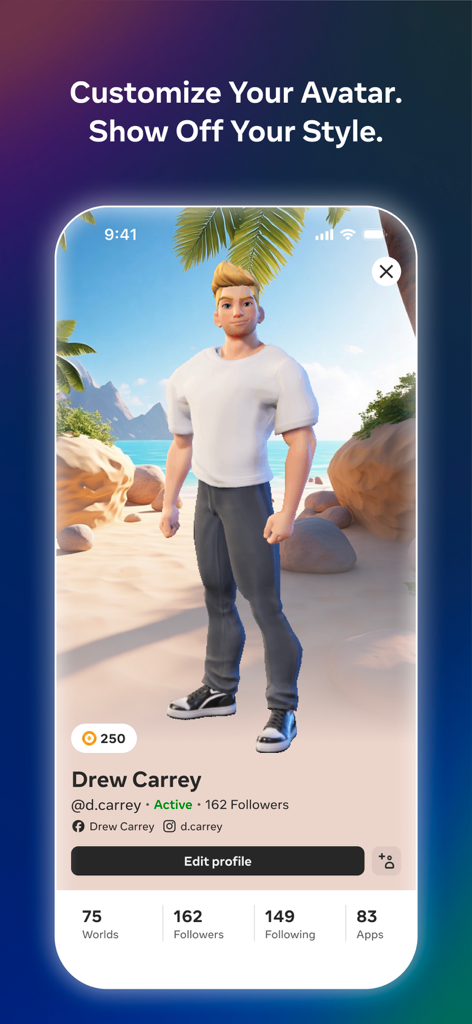 Meta Horizon app screen showing a user profile and a customized 3D avatar on a beach background