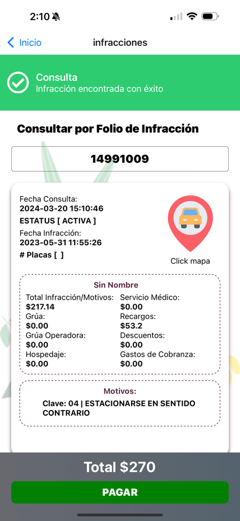 Juárez Conectado - Mobile app screen showing traffic violation details and payment option for a ticket in Ciudad Juarez