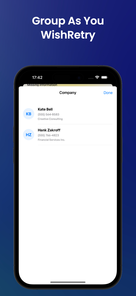 Contacts Backup for VCF Excel - iPhone screen showing contacts grouped by company name in the Contacts Backup app