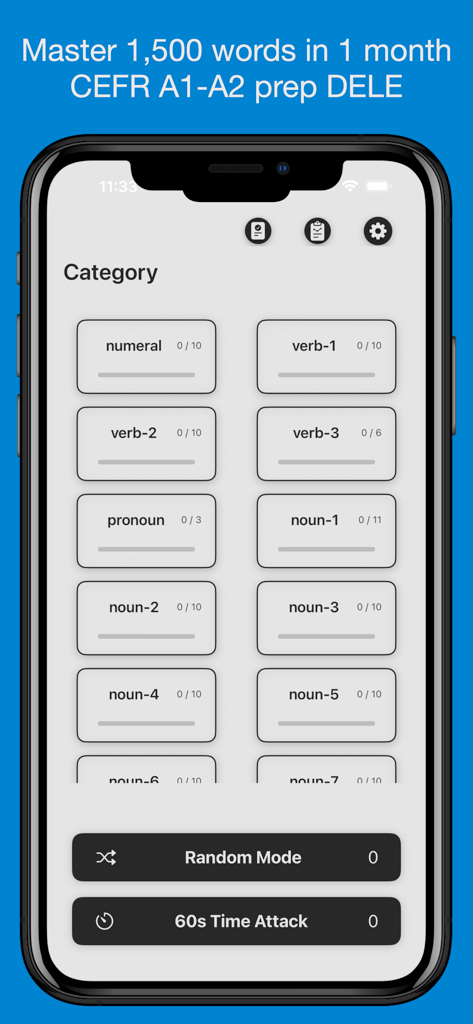 Pro - Basic Spanish Vocabulary - Screenshot of the Pro Spanish Vocabulary app dashboard showing categorized learning modules for verbs, nouns, and pronouns with CEFR prep information.