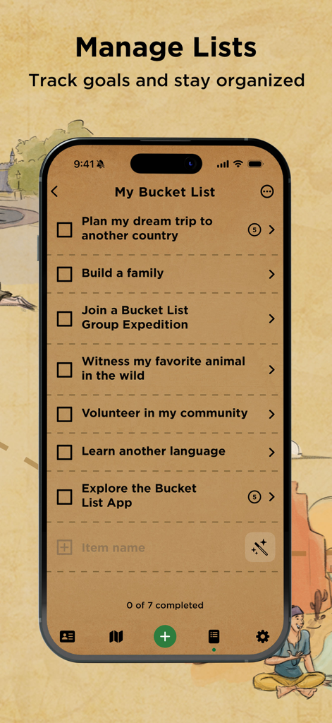 Schermata di gestione delle liste dell'app Bucket List che mostra obiettivi personali e aspirazioni di viaggio.