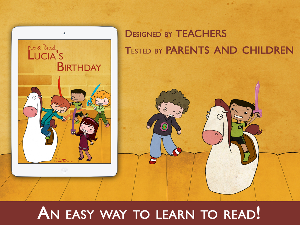 Teach Me to Read with Lucia - Promotional image for Teach Me to Read with Lucia app showing an iPad with a storybook and illustrated children characters