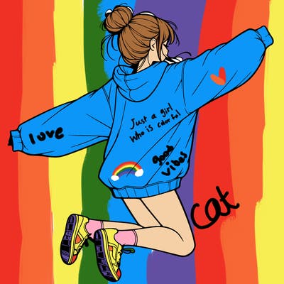 realistic girl jumping with a bun and oversized sweatshirt