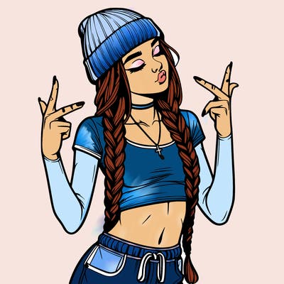 realistic teenage girl with braids and a beanie and crop top doing 🫶🏼