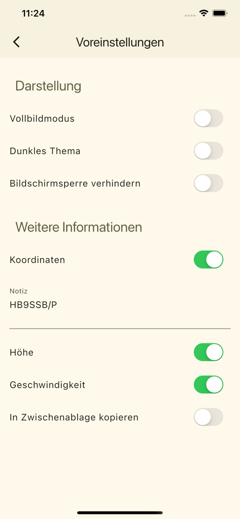 Settings screen for the qth locator ham radio app showing display and coordinate configuration options