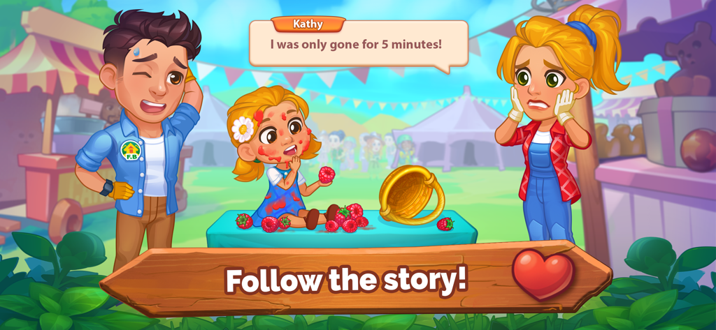 Farming Fever - Cooking game - Personajes en Farming Fever reaccionando a un niño desordenado comiendo frambuesas en una escena de historia.