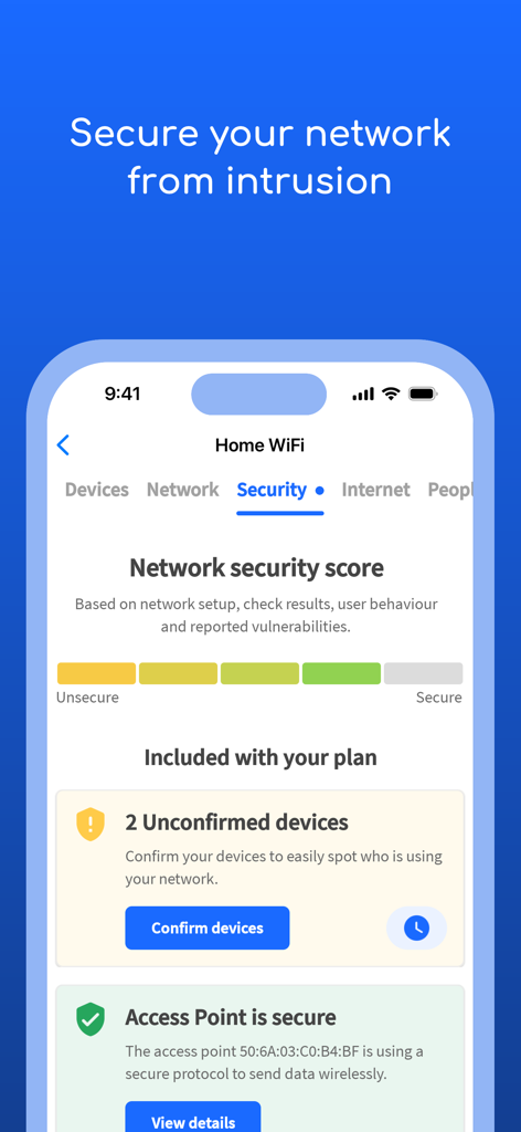 Screenshot of Fing app displaying network security score and unconfirmed device alerts