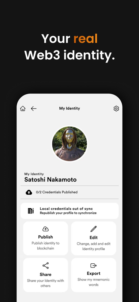 Elastos Essentials Wallet 앱의 Web3 신원 관리 화면