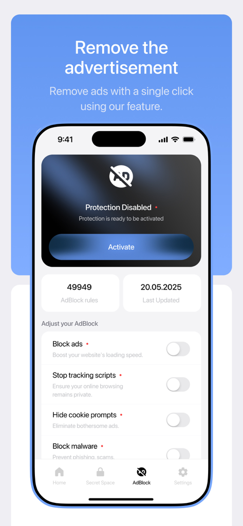 Blyss - cleaner app - Blyss app interface showing the ad blocker feature with options to block ads tracking scripts and cookie prompts