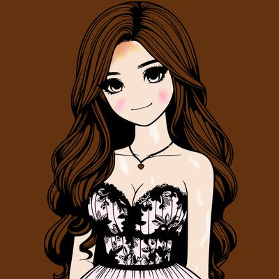 realistic girl with long hair and pretty prom dress