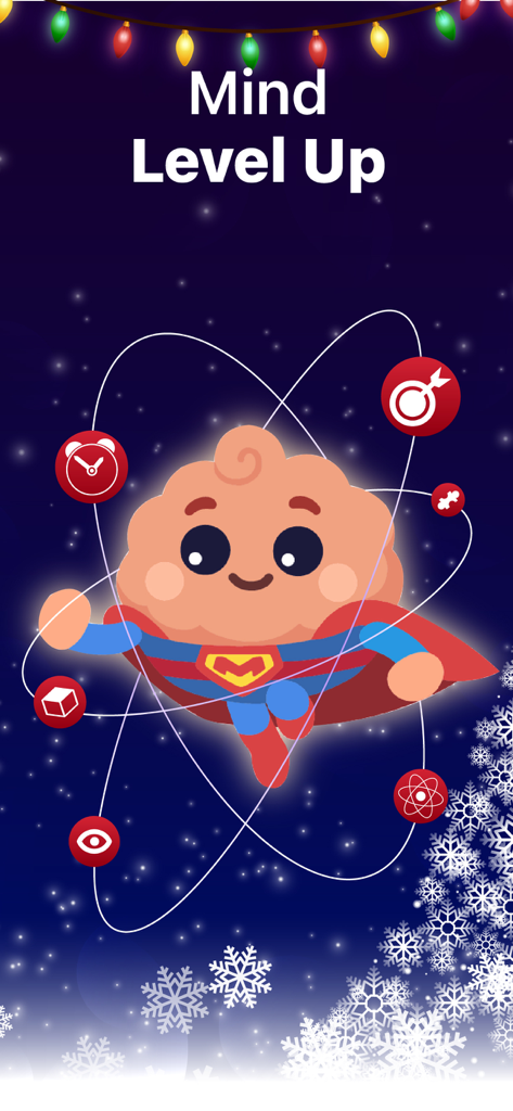 BRAIN101: Brain Training Games - Um mascote de cérebro super-herói fofo voando com ícones de habilidade orbitando e o texto Mind Level Up.
