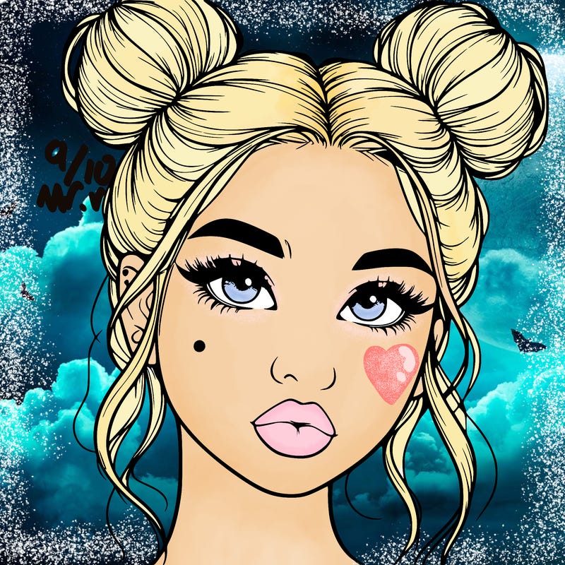 realistic girl with two buns on her hair and lips