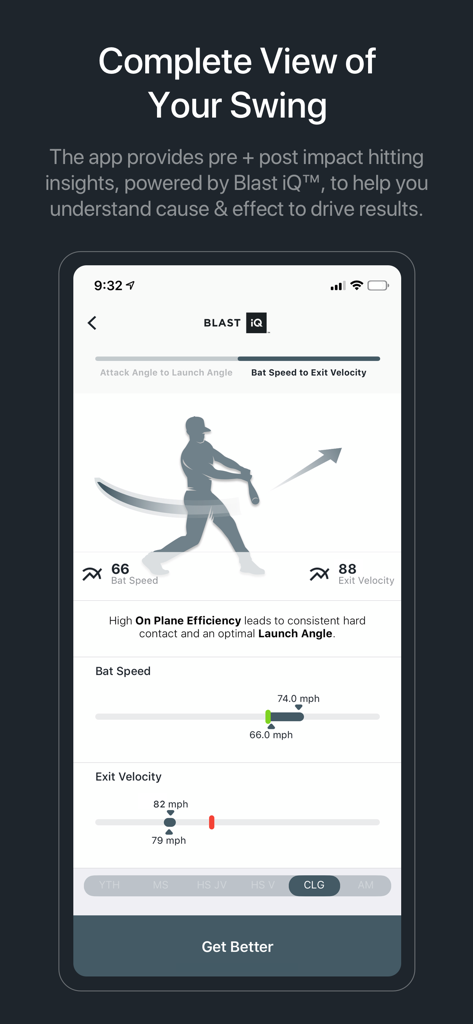 Blast Baseball app interface displaying bat speed and exit velocity analysis