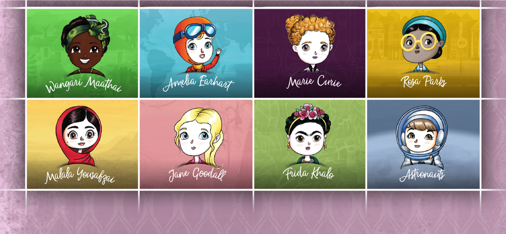 Grid of illustrated portraits featuring famous women like Rosa Parks Frida Kahlo and Malala Yousafzai