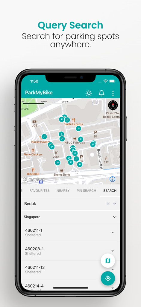 ParkMyBike app screenshot showing the query search feature with bicycle parking locations on a map
