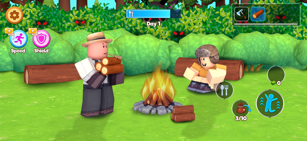 Survive in 999 Nights Forest - Two blocky characters camping by a fire in a haunted forest with glowing red eyes in the bushes.