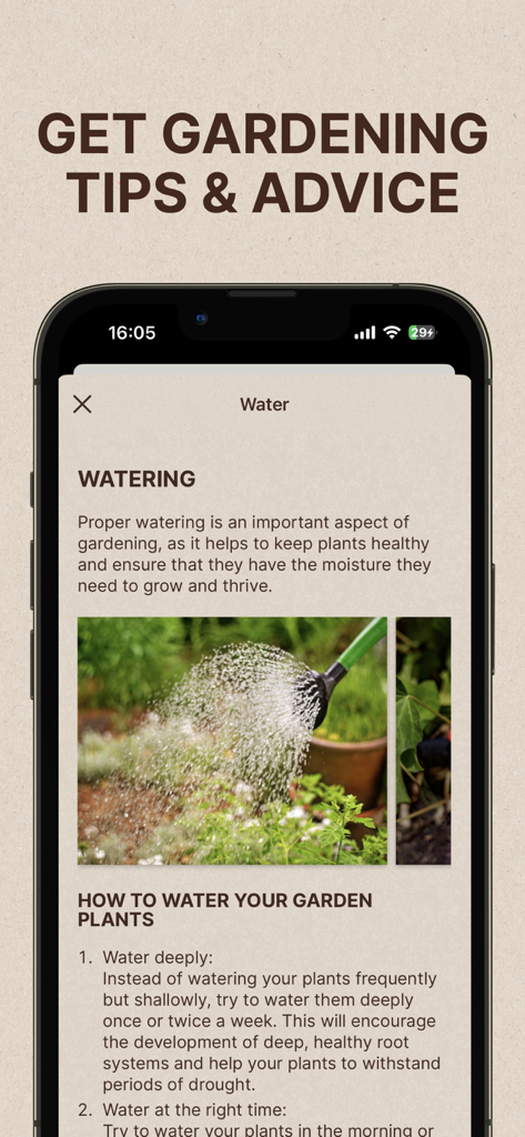 GARDENIZE Plant Care Gardening - Gardening app screen displaying plant care tips and watering instructions