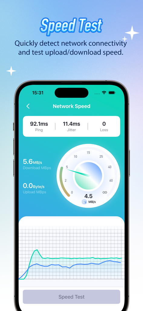 Dolphin Clean - Smart Cleaner - Dolphin Clean アプリのネットワークスピードテスト画面。iPhone 上の ping、ジッター、ダウンロード、アップロードのメトリクスが表示されています。