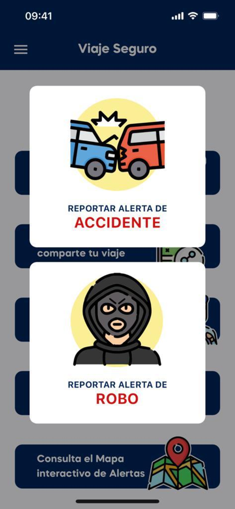 Viaje Seguro Sutran - Interfaz de la aplicación móvil mostrando botones de alerta de emergencia para reportar accidentes y robos durante viajes en Perú