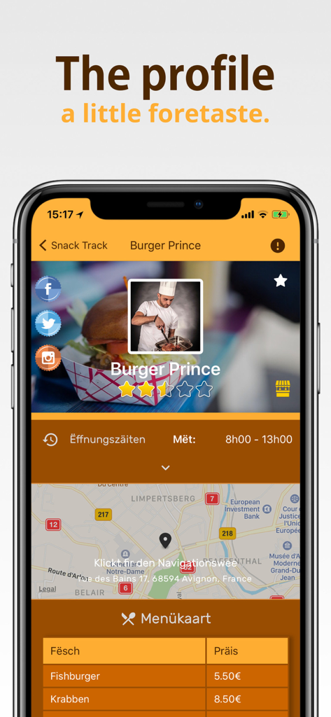 Snack Track - Écran mobile de l'application Snack Track montrant le profil d'un food truck avec sa note, son menu et sa carte d'emplacement