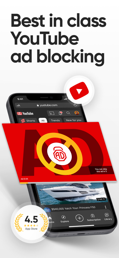 AdLock app interface showing the blocking of a YouTube advertisement on an iPhone screen