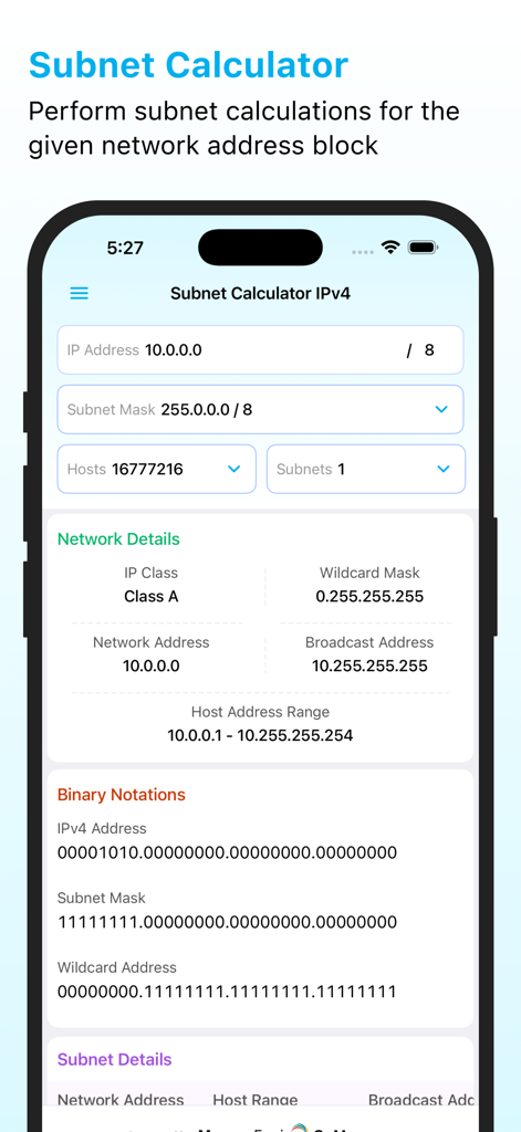 ManageEngine Ping Tool - Pantalla de la Calculadora de Subredes mostrando detalles de la red IPv4 y notaciones binarias para administradores de redes profesionales
