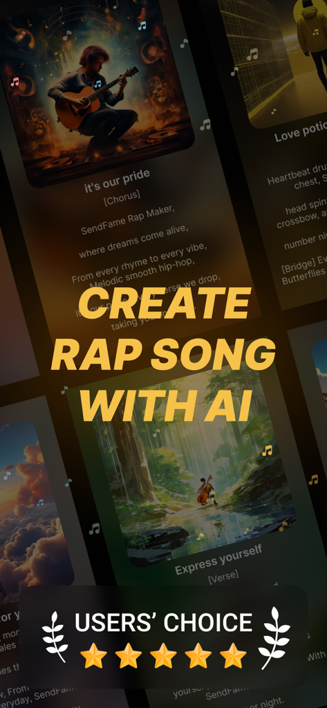 Écran de l'application mobile pour créer des chansons de rap avec l'IA, montrant les paroles de la chanson et les notes des utilisateurs.